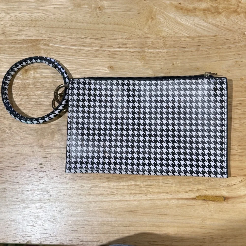 Houndstooth Bangle Wristlet Pouch Black White Double Zip Wallet Clutch